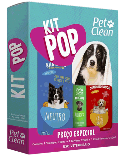 Kit Pop Pet Clean com shampoo, condicionador e perfume para c&atilde;es e gatos