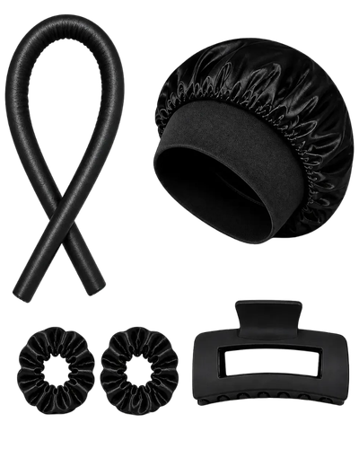 Kit manual para cachos sem calor com faixa, touca, presilhas e xuxinhas pretas