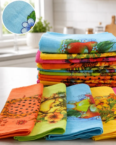 Kit com dez panos de prato em cores vivas e estampas florais