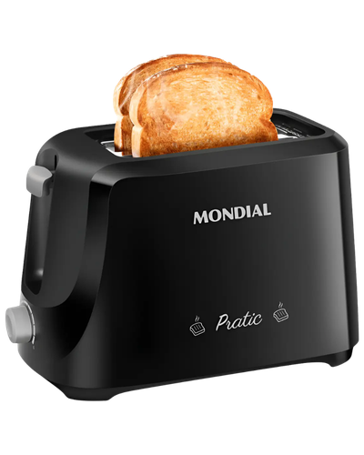 Tostador de p&atilde;es Mondial Pratic T-18 preto com fatias de p&atilde;o